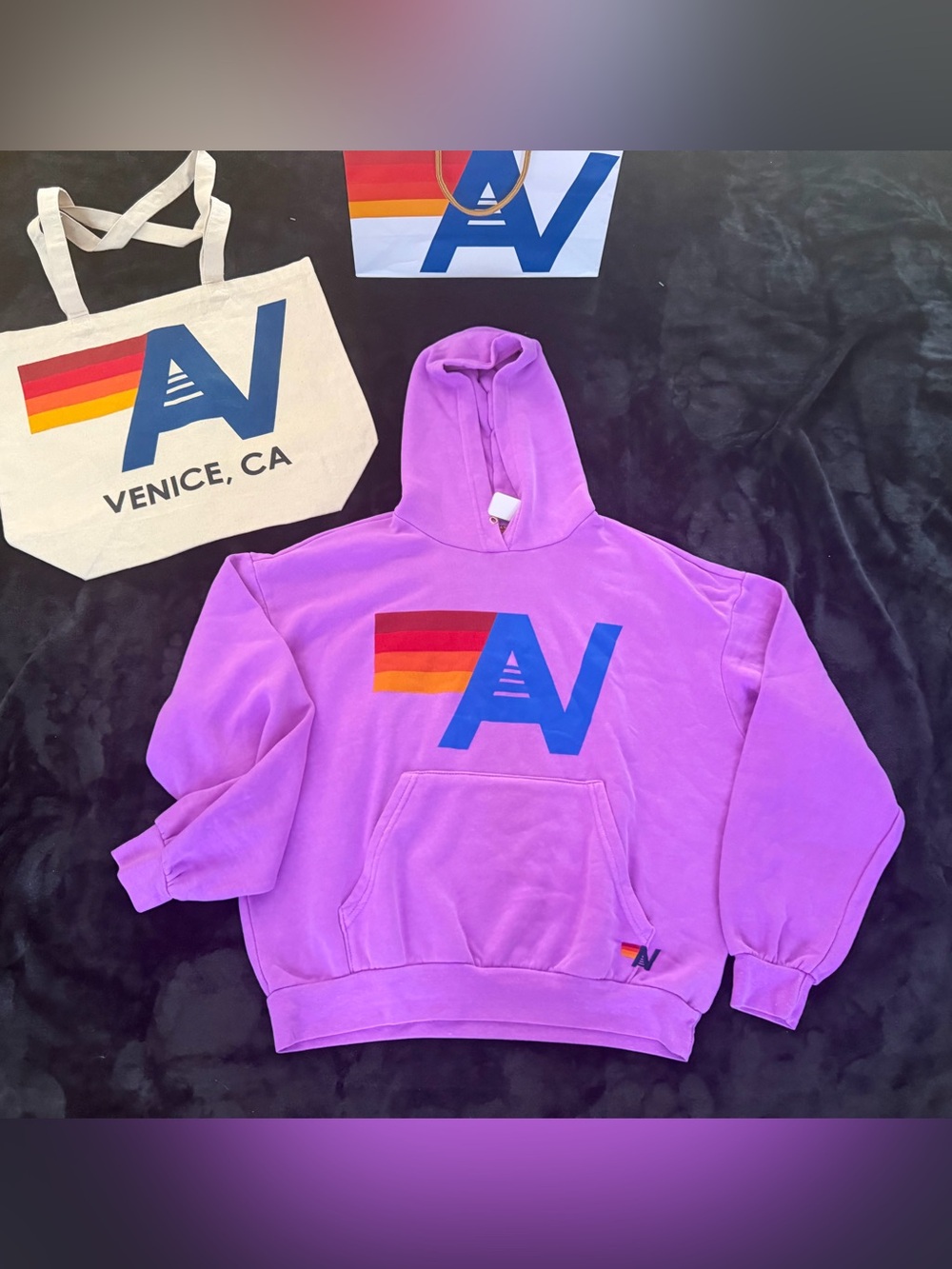 NWT Aviator Nation Relaxed logo Pullover Hoodie Neon Purple XS + Tote Bag